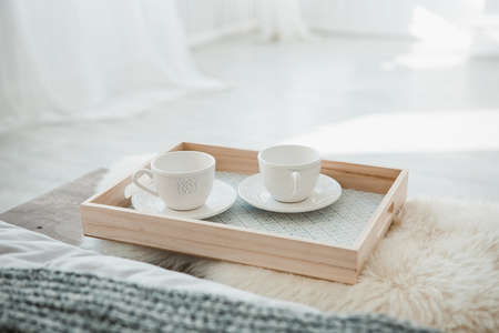 two cups on a trayの写真素材