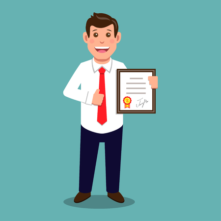Businessman with diploma,award in flat style. Vector illustration.のイラスト素材