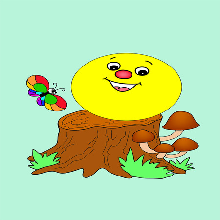 Kolobok sitting on a stump next to a butterflyのイラスト素材