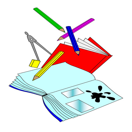 school supplies: notebooks, pencils, eraser, compassのイラスト素材