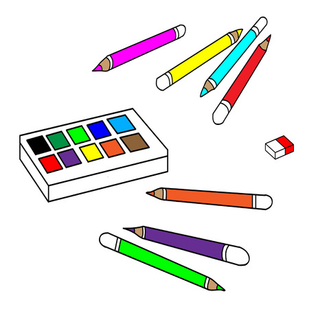 school supplies: pencils, eraser, paintのイラスト素材