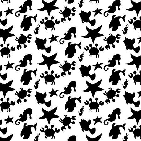 Seamless sea pattern: crab, seahorse, fish, starfish. Cute nautical background. The background collection of marine life. Baby showerの写真素材