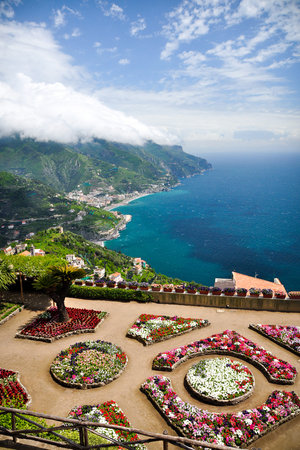 Beautiful scenic picture-postcard view from Villa Rufolo gardens in Ravello, Campania, Italy
