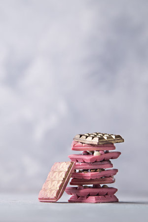 Broken pink Ruby chocolate bar pieces, made from ruby cocoa beans with gold