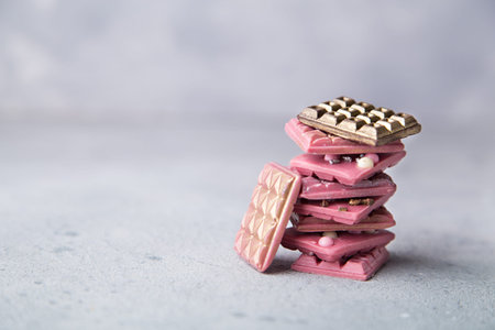 Broken pink Ruby chocolate bar pieces, made from ruby cocoa beans with gold, silver and white crisp