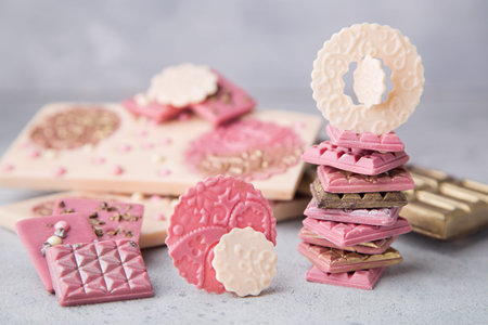 Set of chocolate bars. Pink, white, gold and silver chocolate desserts