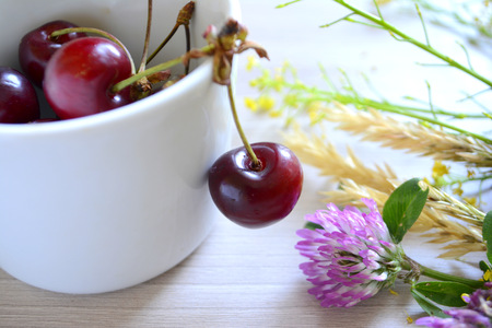 Cherries in the cup. Summer still lifeの写真素材