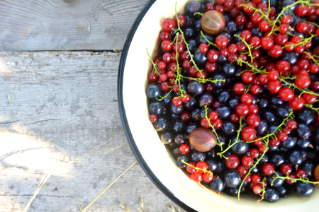 Red and black currant in a plate on a wooden backgroundの写真素材