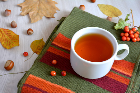 A cup of hot tea on a wool blanket. Autumn or winter warming drink. Autumn conceptの写真素材