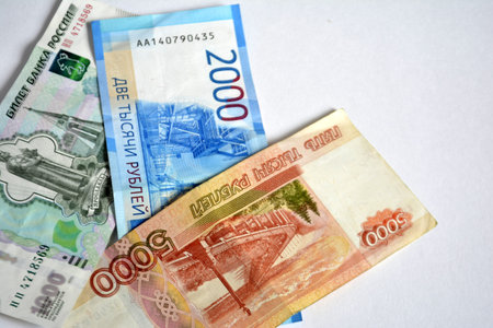 Russian ruble banknotes on white background