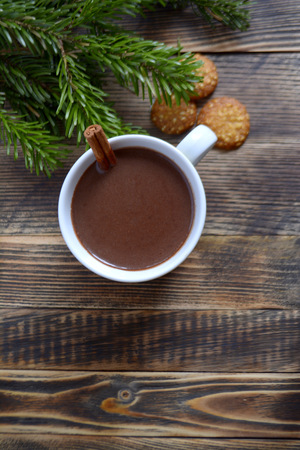 Hot chocolate or cocoa with cinnamon stick in a cup and fir branches. Winter hot drink for cold weather. New year and Christmas concept Top view Copy spaceの写真素材