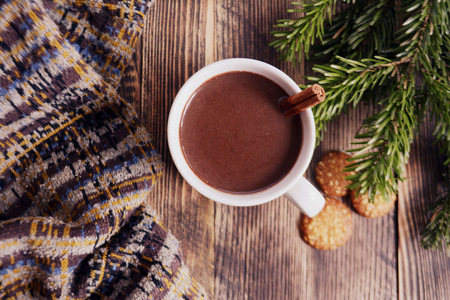 Hot chocolate or cocoa with cinnamon stick in a cup and fir branches. Winter hot drink for cold weather. New year and Christmas concept Top viewの写真素材
