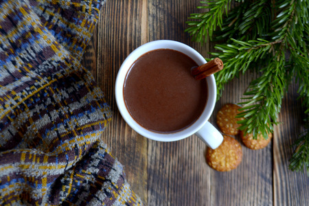 Hot chocolate or cocoa with cinnamon stick in a cup and fir branches. Winter hot drink for cold weather. New year and Christmas concept Top viewの写真素材