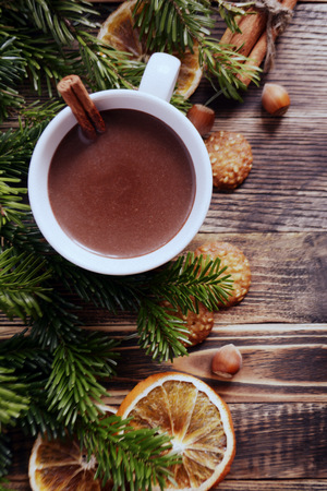 Hot chocolate or cocoa with cinnamon stick in a cup and fir branches. Winter hot drink for cold weather. New year and Christmas concept Copy spaceの写真素材