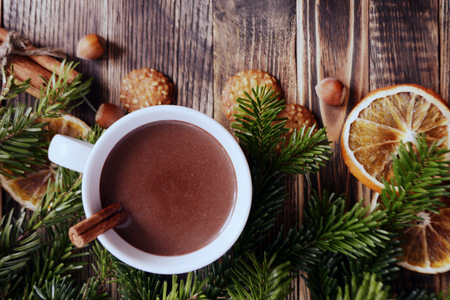 Hot chocolate or cocoa with cinnamon stick in a cup and fir branches. Winter hot drink for cold weather. New year and Christmas concept Copy spaceの写真素材