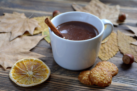 Hot chocolate with cinnamon stick in cupの写真素材