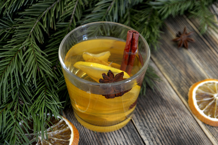 Ginger tea Hot winter or autumn drink. Concept of winter holidays and Christmasの写真素材