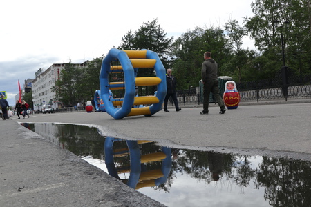 Russia, Murmansk-June 24, 2018: celebration of youth Day of Russia, inflatable wheel-attractionのeditorial素材