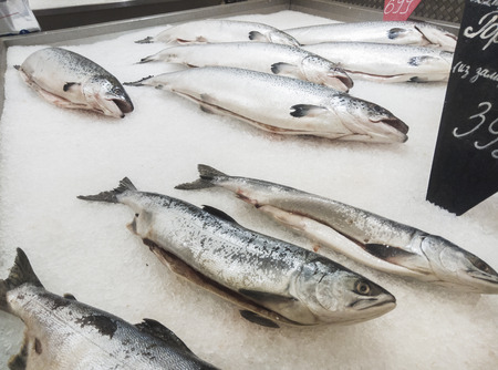 Chilled fish is on the supermarket counterの写真素材