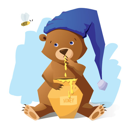 Funny bear with honey. Vector illustration のイラスト素材