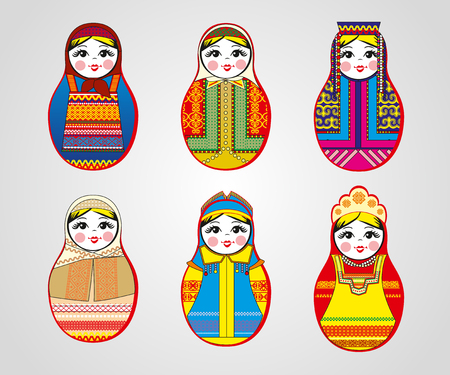 Matryoshka dolls in different outfits. Vector illustration のイラスト素材