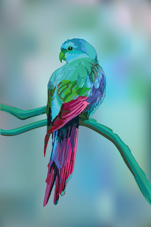 Bright Beautiful exotic parrot on blurred background. Bird with green blue pink feathers. Tropics. Vector illustration. EPS 10.のイラスト素材