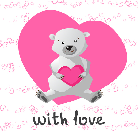 Love printable with cute bear holding heart. With my love printable with cute bear. Vector illustration.のイラスト素材