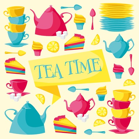 Tea time card. Bright beautiful set on an isolated background. Vector illustration.のイラスト素材