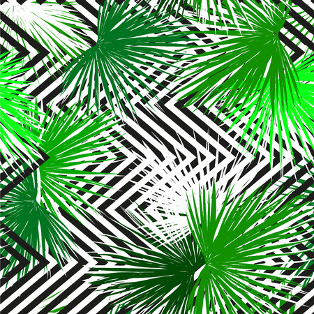 Tropical palm leaves seamless background. Vector illustration. bright tropical leaves on a contrasting geometric background.のイラスト素材