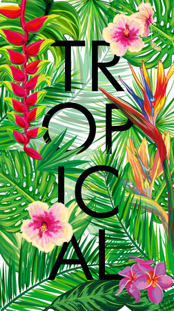 Tropical composition - text, flowers, palm leaves, strips. Beautiful  vector floral jungle background, exotic print. Vector illustration.のイラスト素材