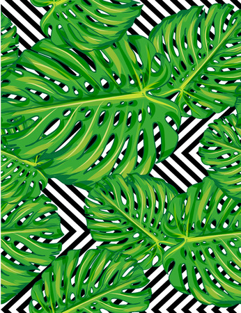 Seamless pattern of leaves monstera. Beautiful vector jungle pattern background, exotic print. Abstract geometric texture. Vector illustration.のイラスト素材