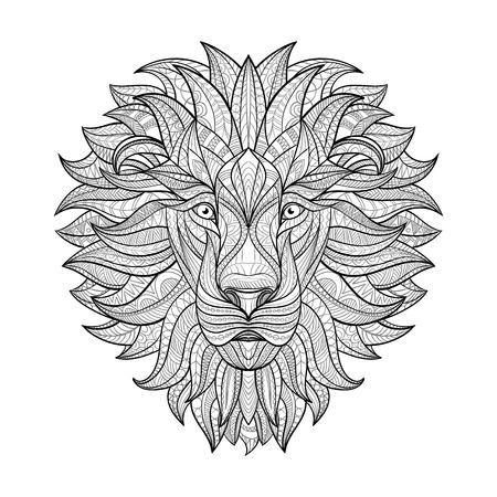 Detailed Lion in aztec style. Patterned head of the lion on isolated background. African indian totem tattoo design. Vector illustration.のイラスト素材