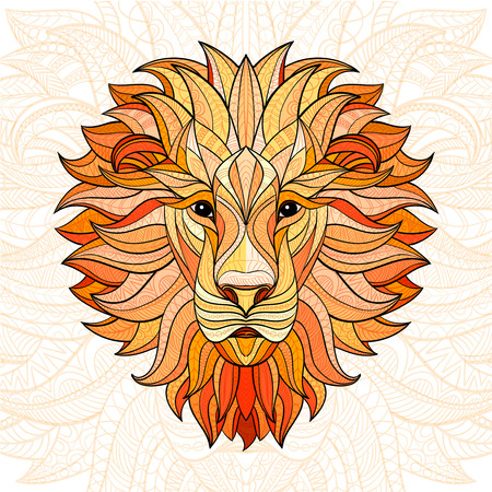 Detailed colored Lion in aztec style. Patterned head of the lion on isolated background. African indian totem tattoo design. Vector illustration.のイラスト素材