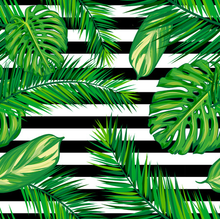 Beautiful seamless tropical jungle floral pattern background with palm leaves. Vector illustration.のイラスト素材