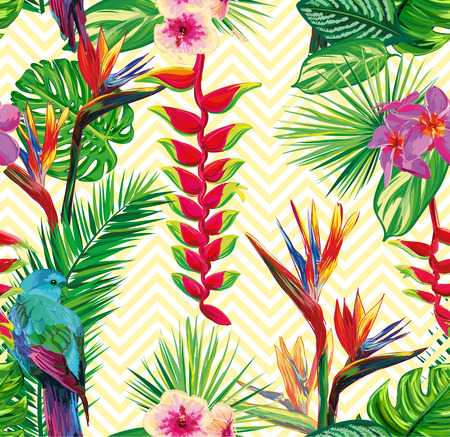Beautiful seamless tropical jungle floral pattern background with palm leaves, flowers and beautiful exotic parrots. Vector illustration. Abstract striped geometric textureのイラスト素材