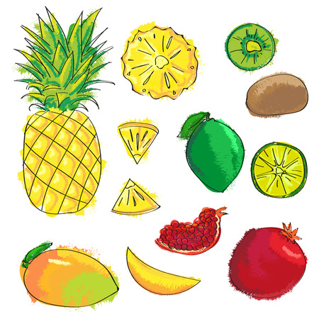 Set of colorful cartoon fruit icons: pineapple, kiwi, lemon, mango, garnet, lime. Vector illustration isolated on whiteのイラスト素材