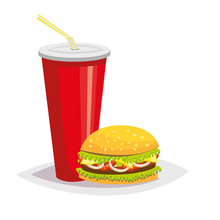 Colorful cartoon fast food icon on white background. Drink with a hamburger. Isolated vector illustration. Eps 10.のイラスト素材