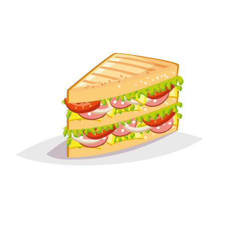 Colorful cartoon fast food icon on white background. Sandwich with salami and cheese. Isolated vector illustration.のイラスト素材
