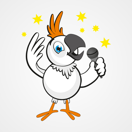 White funny cartoon hilarious parrot with microphone isolated on white background. Vector illustration. Eps 10.のイラスト素材