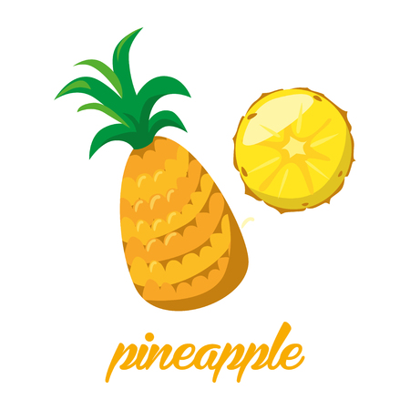Pineaple fruits poster in cartoon style depicting whole and half of fresh juicy isolated on white background including caption Pineaple. Vector illustration.のイラスト素材