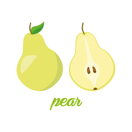 Pear fruits poster in cartoon style. depicting whole and half. fresh juicy. isolated on white background including caption Pear. Vector illustration.のイラスト素材