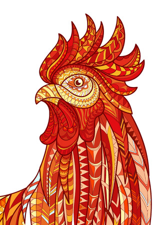 Hand drawn doodle outline rooster illustration. Patterned fiery on the white background. Symbol of chinese new year 2017. It may be used for design a t-shirt, bag, postcard, poster and so .のイラスト素材