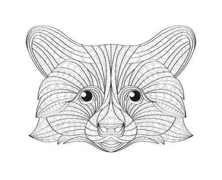 Hand drawn doodle outline raccoon illustration. Decorative in African indian totem Ethnic tribal aztec design. Sketch for adult antistress coloring page.のイラスト素材