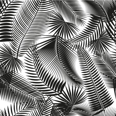 Beautiful black seamless tropical jungle floral pattern background with palm leaves. Vector illustration.のイラスト素材