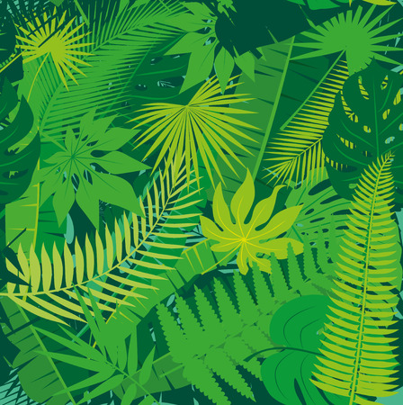 Beautiful seamless tropical jungle floral pattern background with different palm leaves. Vector illustration.のイラスト素材