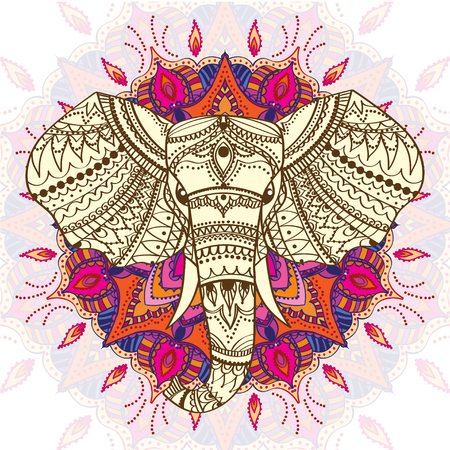 Greeting Beautiful card with Ethnic patterned head of elephant. Vector illustration. Use for print, posters, t-shirts or for any other kind of design . african indian totem tattoo design.のイラスト素材