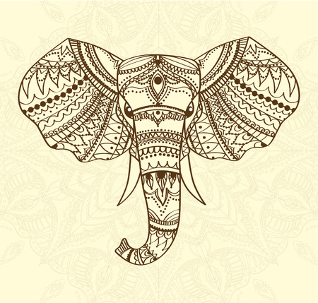 Greeting Beautiful card with indian patterned head of elephant. Vector illustration. Use for print, posters, t-shirts or any other kind design. african indian totem tattoo design.のイラスト素材