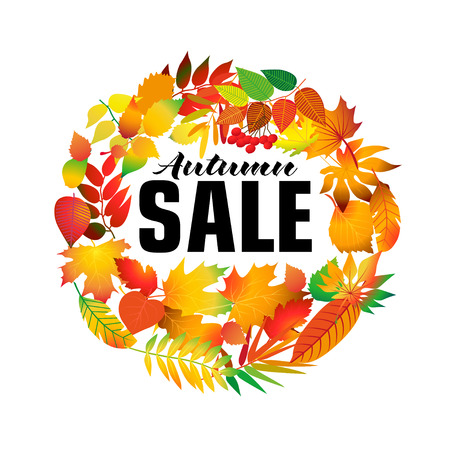 Autumnal round frame. Wreath of autumn leaves. Background with beautiful autumn leaves. Fall of the leaves. Isolated design elements. Vector illustration.のイラスト素材