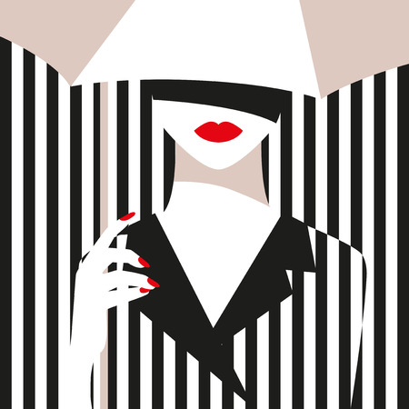 Fashion girl with an umbrella. Bold, minimal style. Pop Art. OpArt, positive negative space and colour. Trendy strips.Vector illustration. - stock vectorのイラスト素材