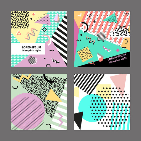 Retro vintage 80s or 90s fashion style. Memphis cards. Trendy geometric elements. Modern abstract design poster, cover, card design. Vector illustration. Big set.のイラスト素材